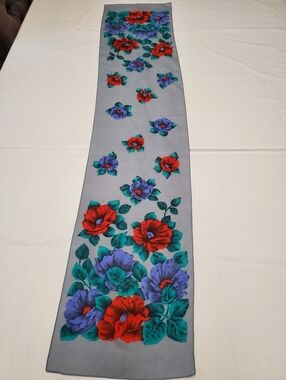Vintage Floral Scarf Gray Red Blue Rose Print Long Oblong Boho Retro